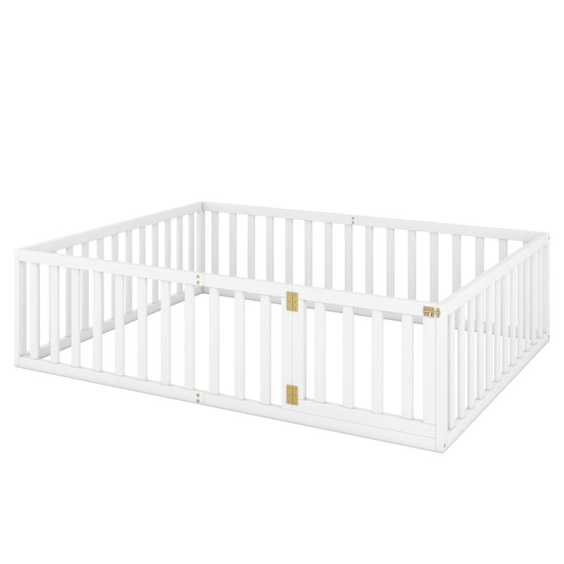 Versatile Wooden Floor Bed Frame without Slats, Solid Pinewood Kids Bed Frame with Fence and Door