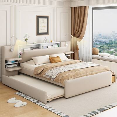 Roomfitters Queen Upholstered Platform Bed with Storage Shelves, Pull-Out Trundle, Reading Lights, Beige