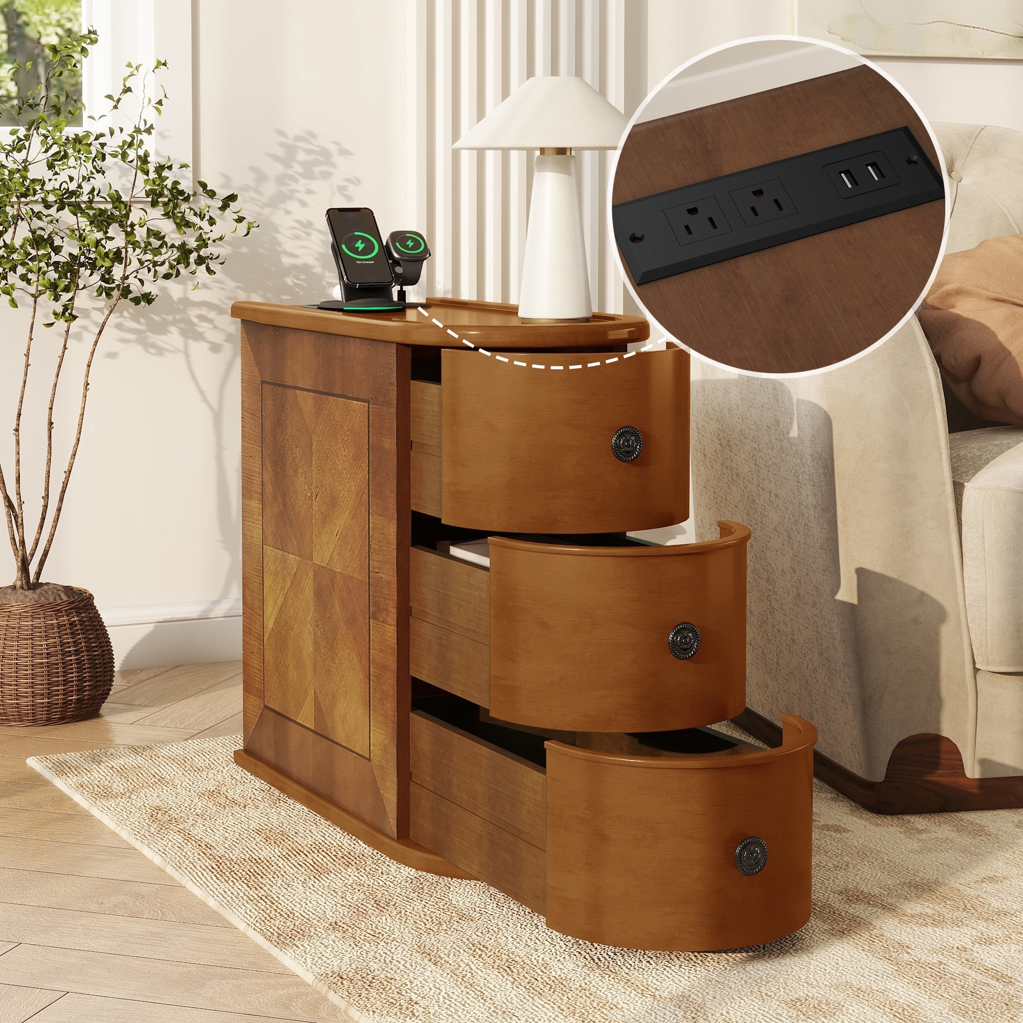 End Table with Charging Station, Sofa Side Table with Drawers, No Assembly Required