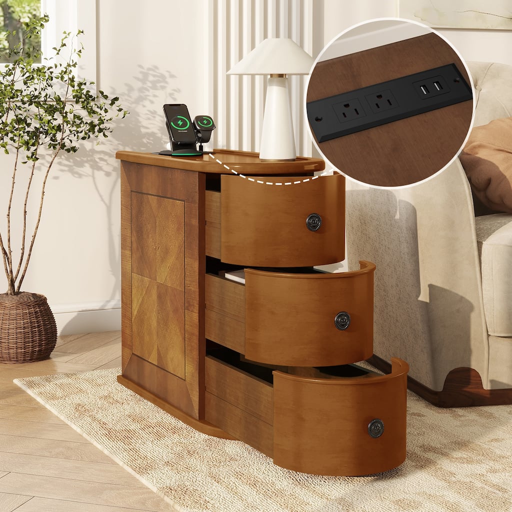 End Table with Charging Station, Sofa Side Table with Drawers, No Assembly Required