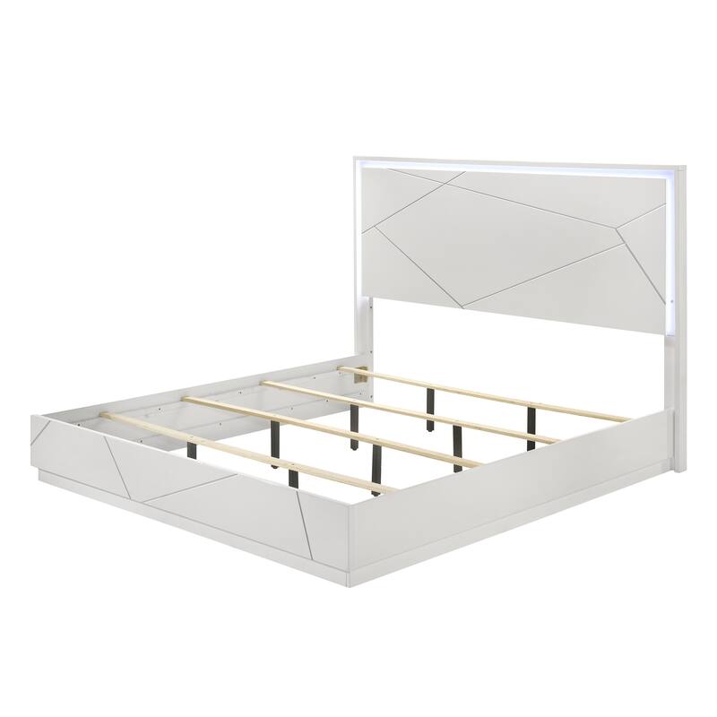 High Gloss Silver Queen Bed with LED Light and Embossed Lines