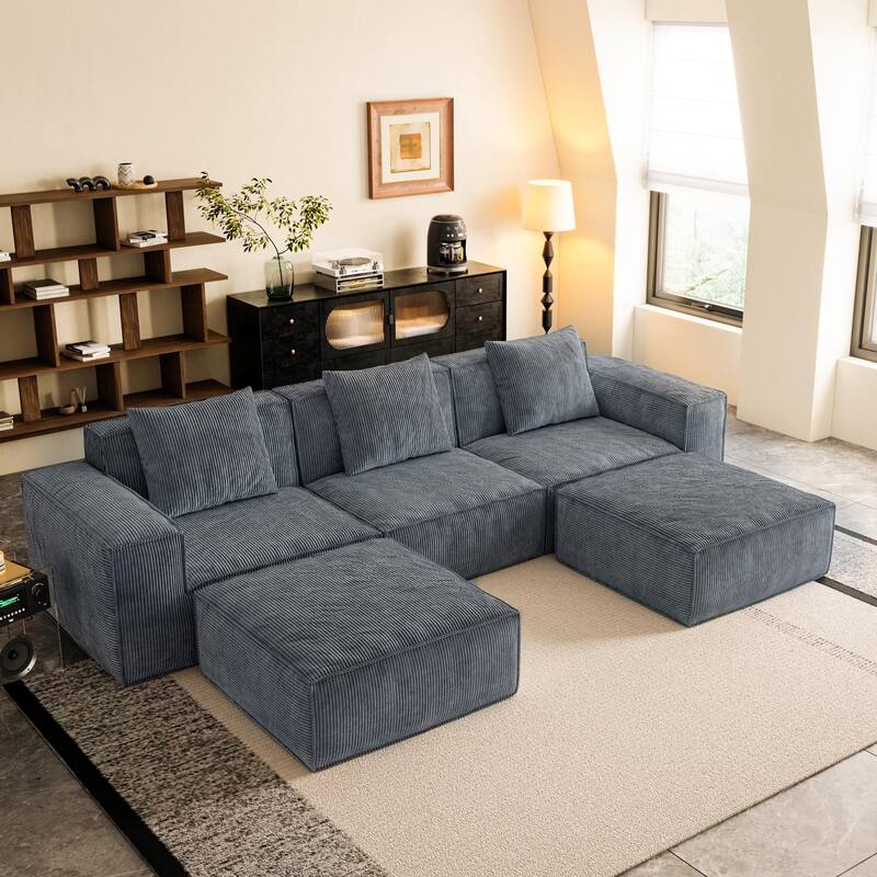 118 Inch Modular Sofa Bed Convertible to 3-Seater with Footrests Gray Corduroy Velvet - Gray