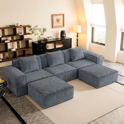 118 Inch Modular Sofa Bed Convertible to 3-Seater with Footrests Gray Corduroy Velvet