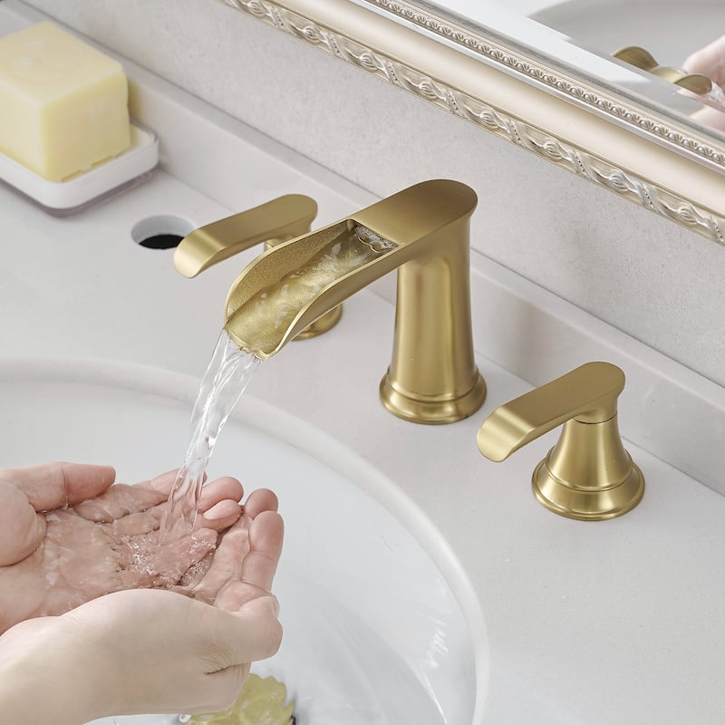 Modern 2 Handle Waterfall Bathroom Sink Faucet with Pop Up Drain Double Lever Handles, Fingerprint Resistant, 3 Holes - Yellow
