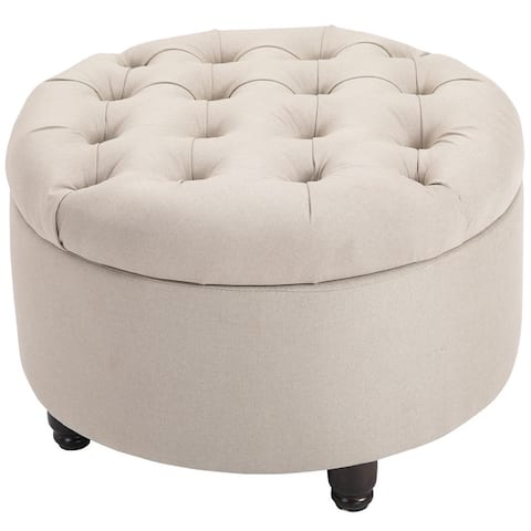 HOMCOM Round Linen Fabric Storage Ottoman Footstool with Removable Lid