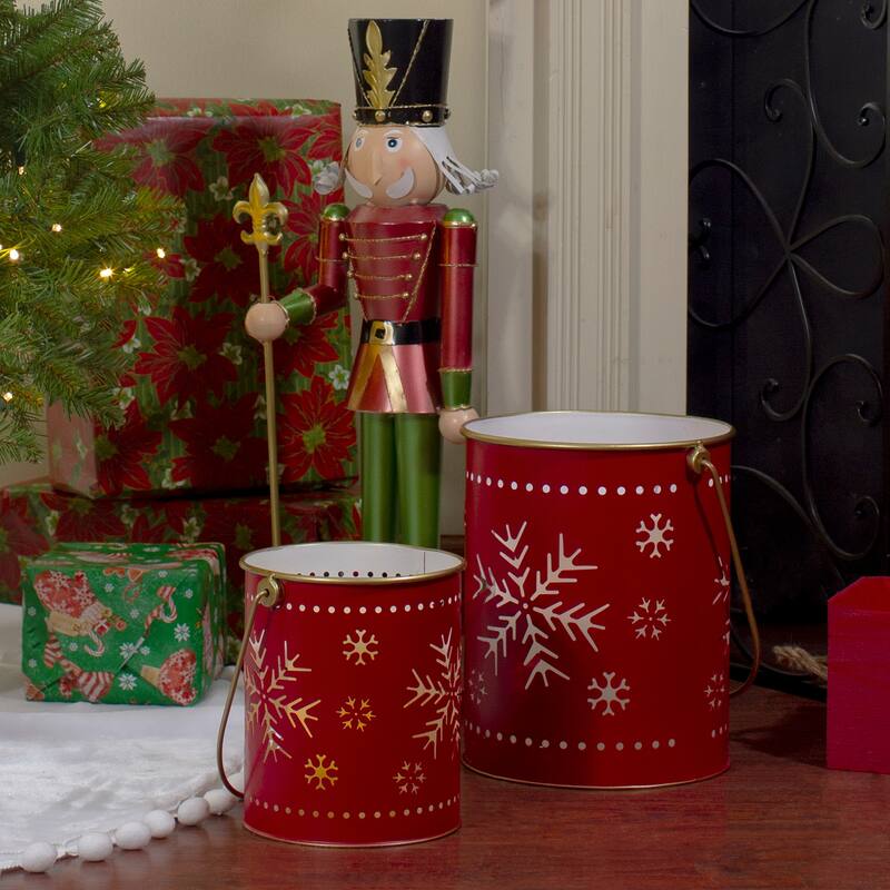 Set of 2 Red Gold Metal Snowflake Candle Lanterns Christmas Decoration