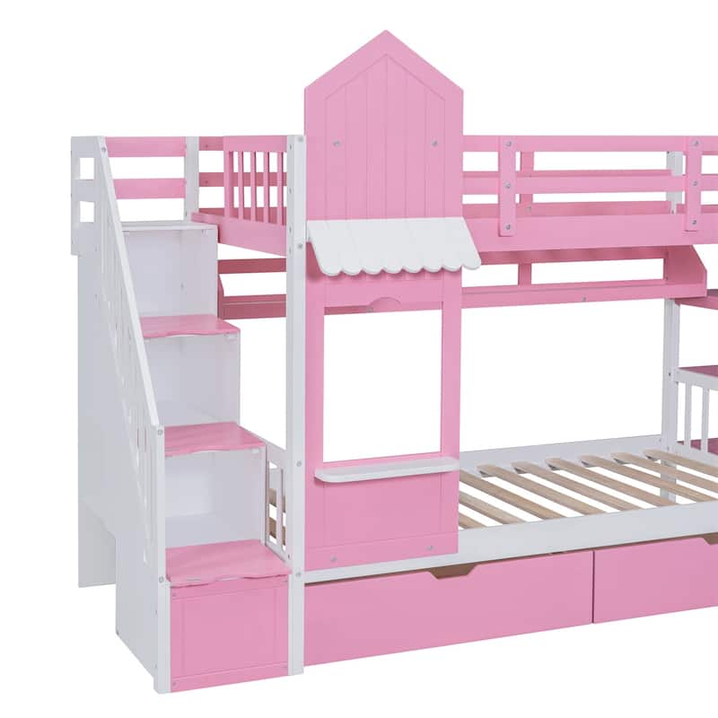 Merax Castle Style Bunk Bed with 2 Drawers 3 Shelves and Slide
