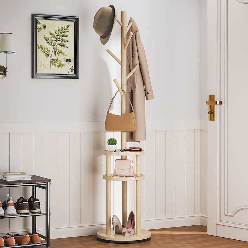 VECELO Modern Freestanding Coat Rack with 6 Branch Hooks Double Shelves, and Shoe Storage for Entryway Living Room Bedroom. - Tan.
