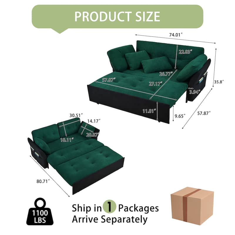 Queen Convertible Pull Out Sofa Bed, Sleeper Sofa Couch with Thicked Cushions, Loveseat Sofa with Side Storage