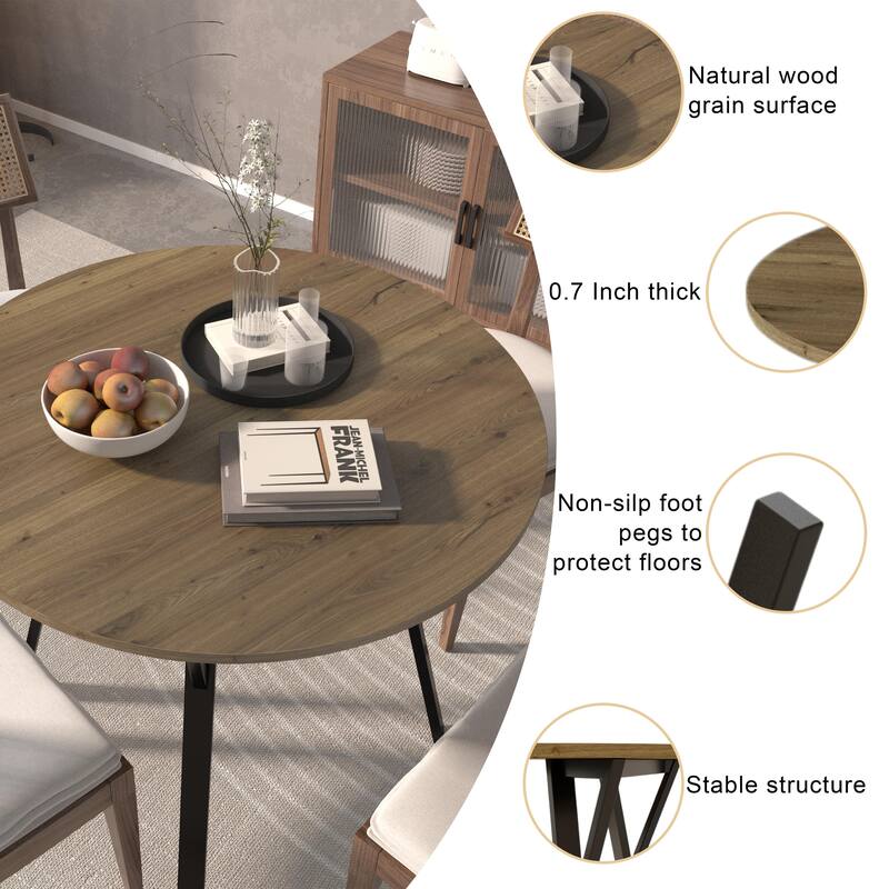 Anmytek Round Dining Table Modern Wood Top and Metal Frame Brown Industrial Kitchen Table