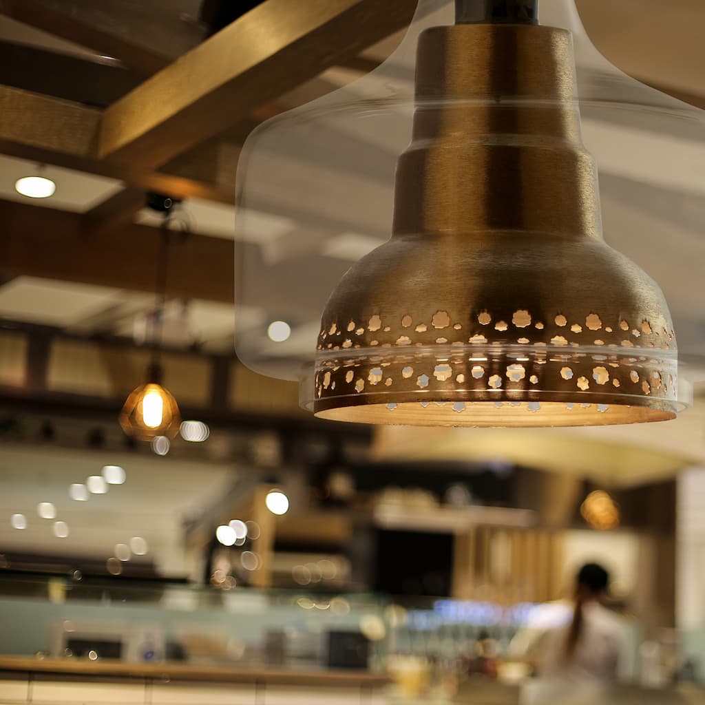 Lydia River of Goods Brushed Brass Bell-Shaped Pendant Light with Clear Glass Shade - 7" x 7" x 12/77"