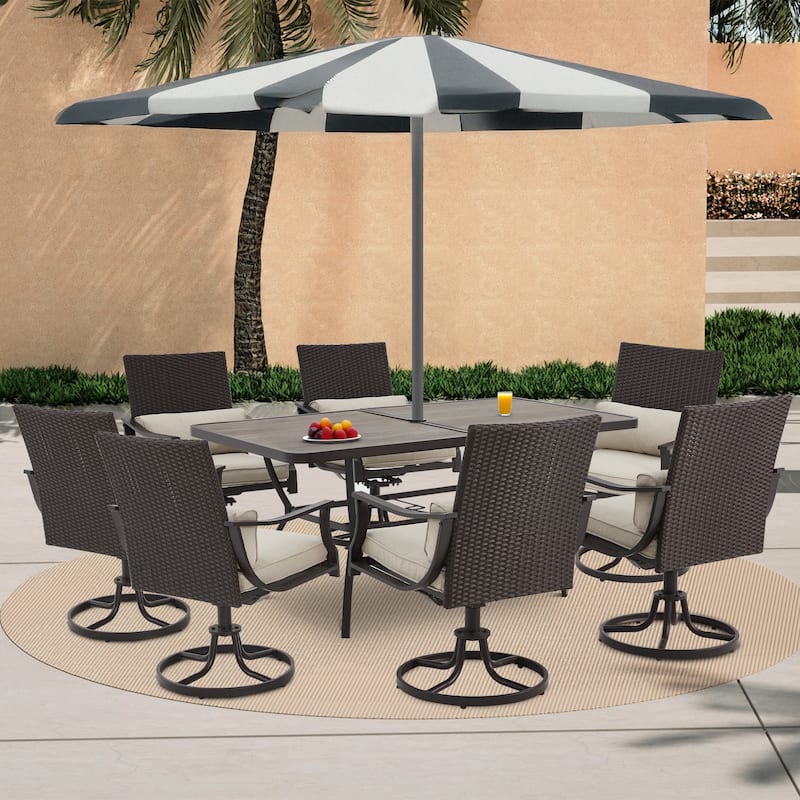 EROMMY Outdoor Dining Set, Swivel Rocking Chairs, Rectangular Table w Umbrella Hole, Patio Furniture Set for Backyard
