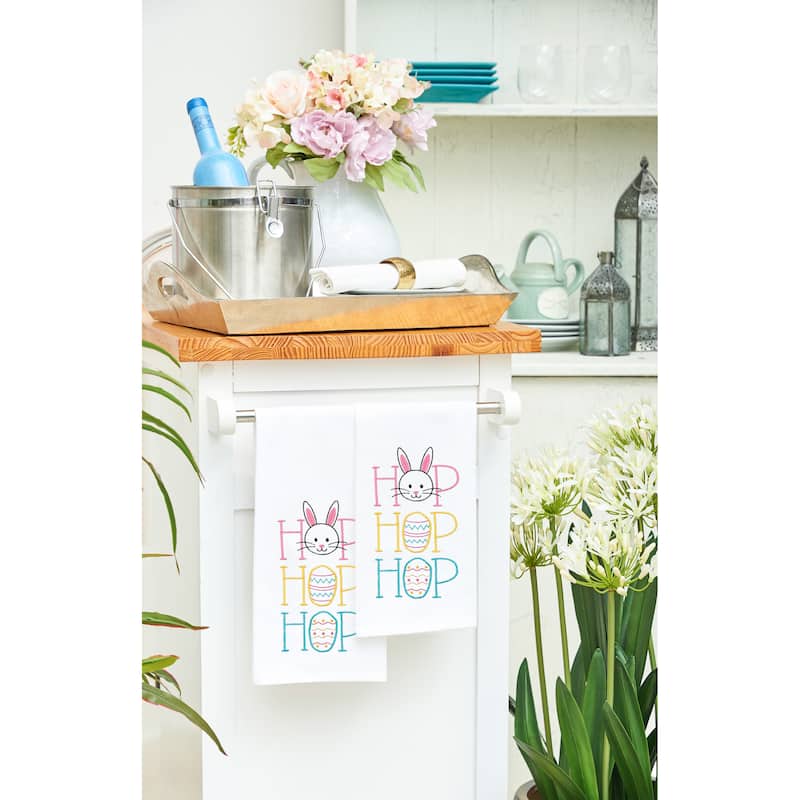 "Hop Hop Hop" Easter Bunnies Flour Sack Embroidered Kitchen Dishtowel