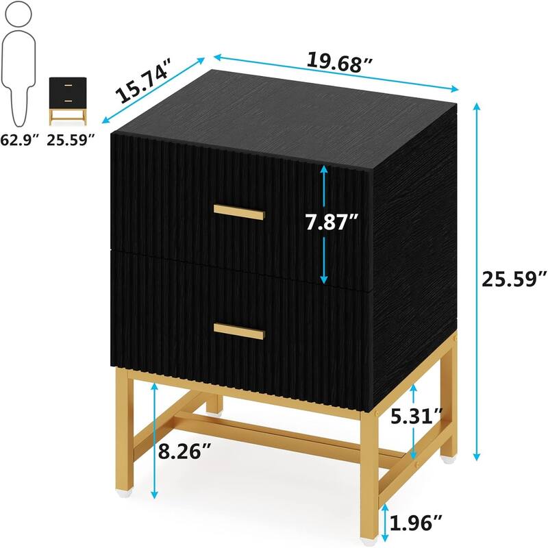 Black Gold Wood and Metal Nightstand with 2 Striped Storage Drawers