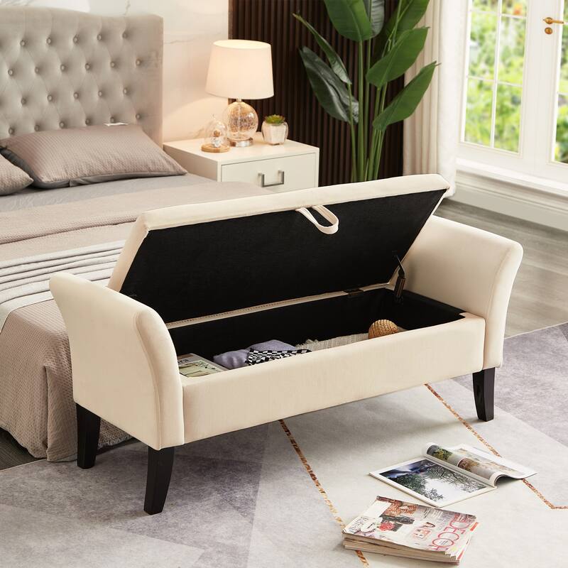 Storage Bench with Curved Arms, Velvet Upholstered Bench with Storage