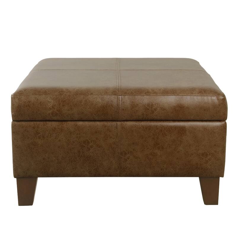 Leo Square Storage Ottoman, Distressed Brown Faux Leather, 28 Inch
