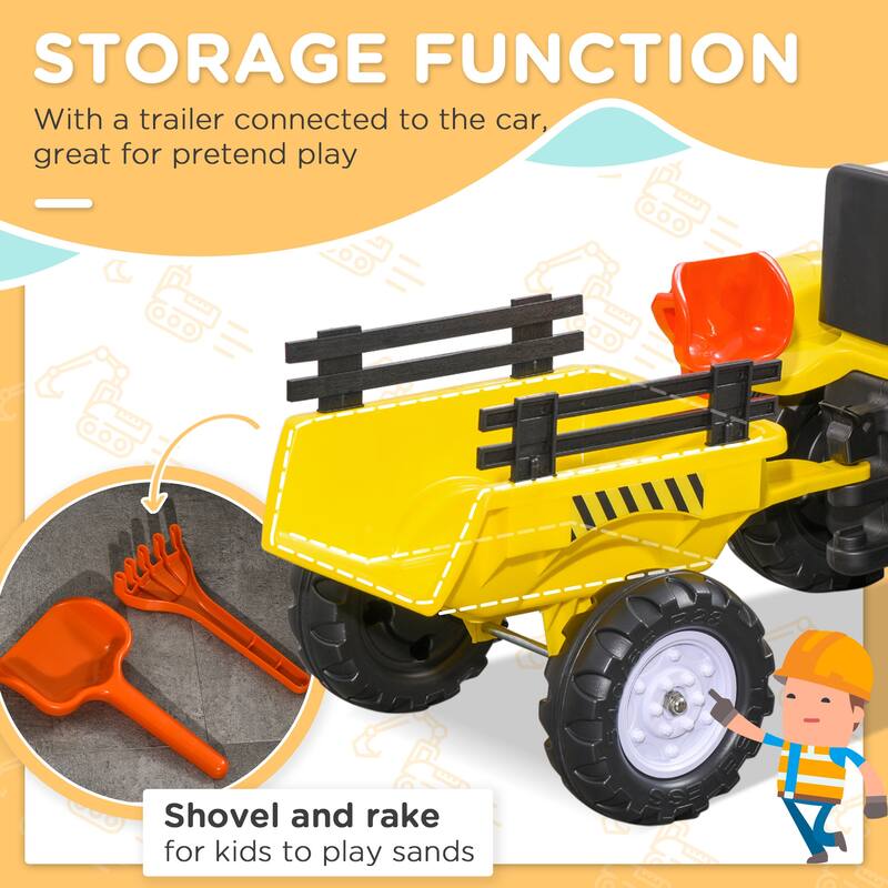 Kids Ride-On Farm Tractor with Pedals, Rear Trailer, Shovel & Rake, Horn for Boys & Girls Aged 3+ - Yellow