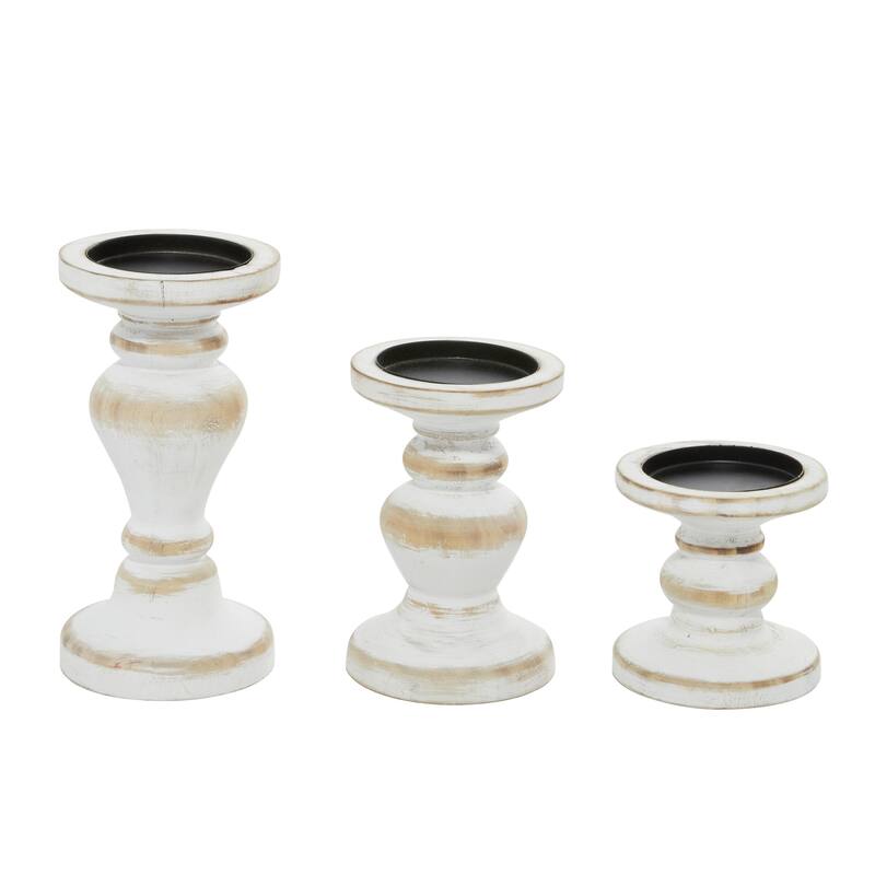 Wood Short Distressed Turned Candle Holder - Set of 3 Brown or White - Roche River Decor