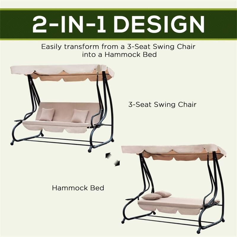 Convertible Patio Swing Bench with Steel Frame and Soft Cushions Pillows Canopy and Cup Holders - 78.75" L x 47.25" W x 64.5" H