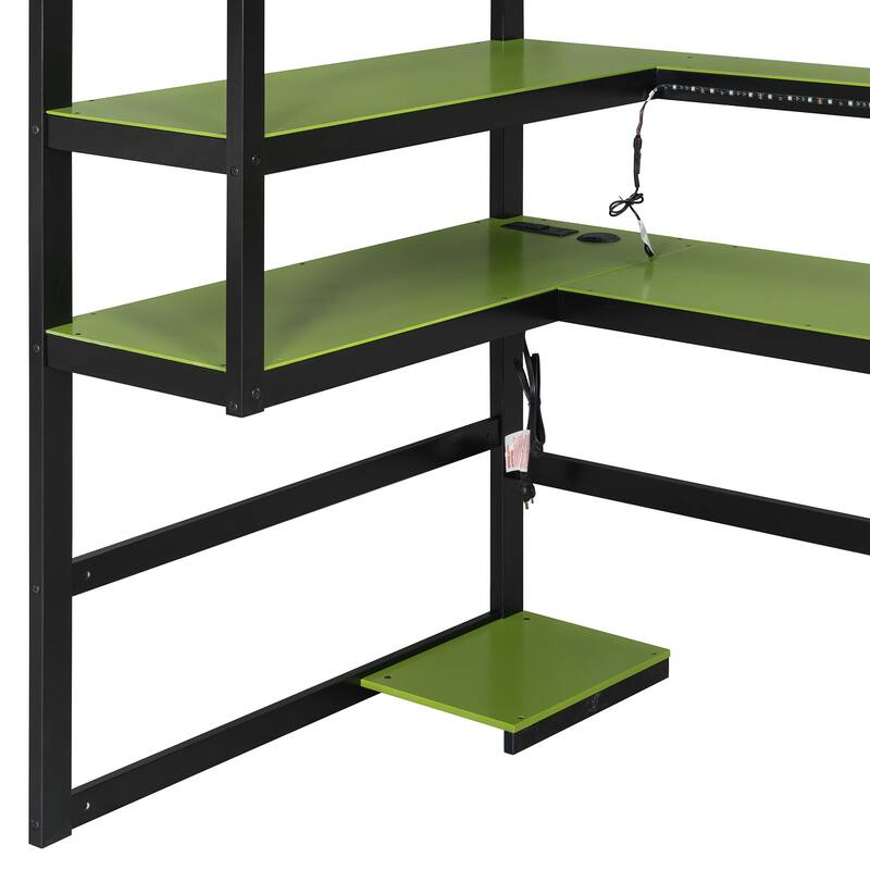 Loft Bed with Wraparound Study Hub, Side Storage Rack, USB Charging & RGB Light by Harper&Bright Designs