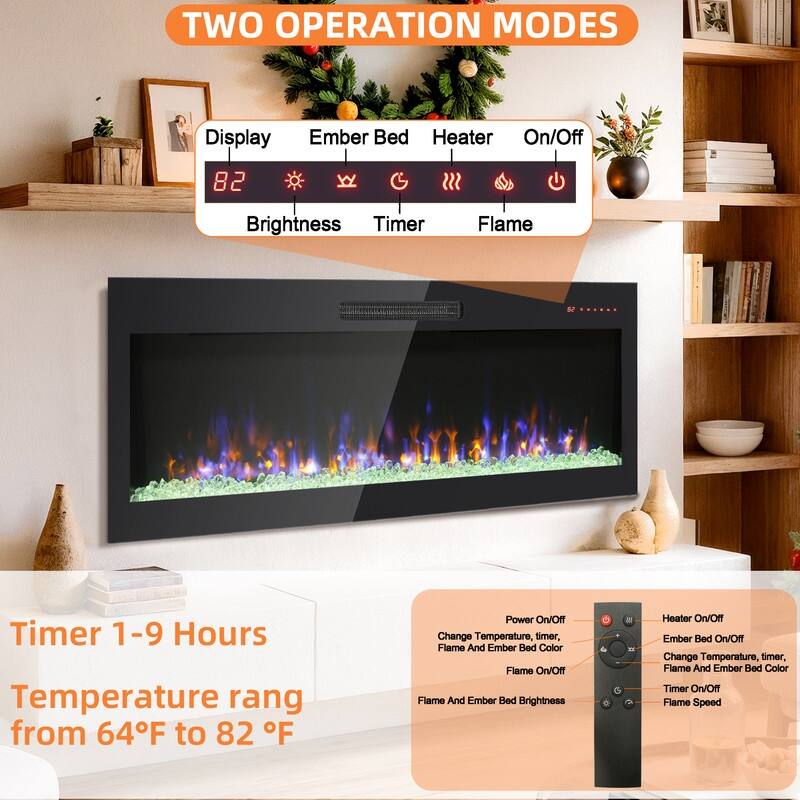 41.3/50/60 in. Wall Mount Recessed Electric Fireplaces in Black, Tempered Glass, Flame Effect, Multi-Color, Remote,1400-1500W