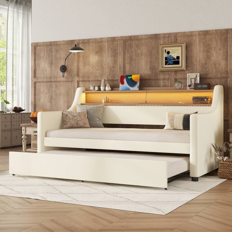 Roomfitters Upholstered Twin Daybed with Trundle, Built-in Charging Station & Lighting Headboard, Space-Saving Design