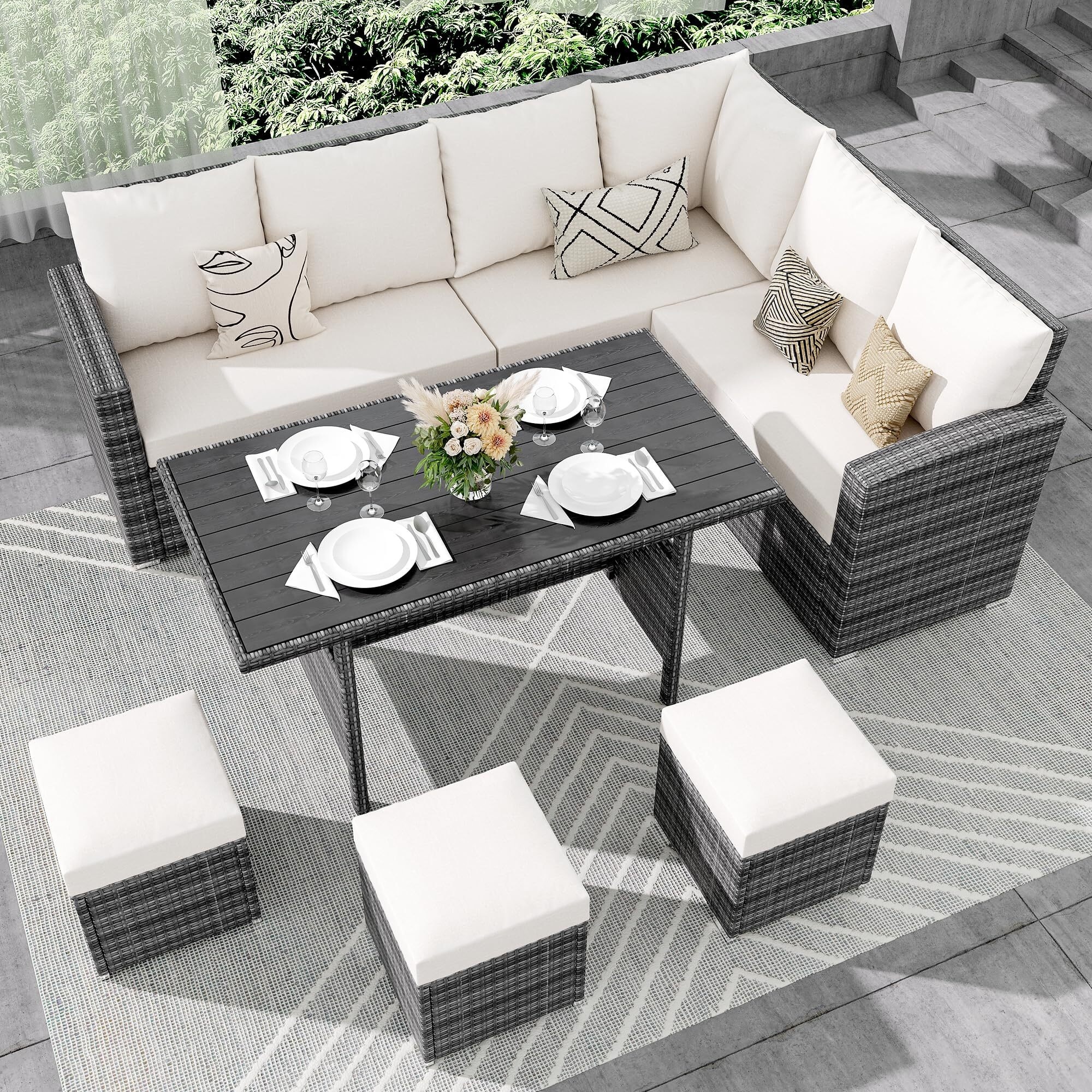 7 Piece Outdoor Sectional Sofa with Dining Table