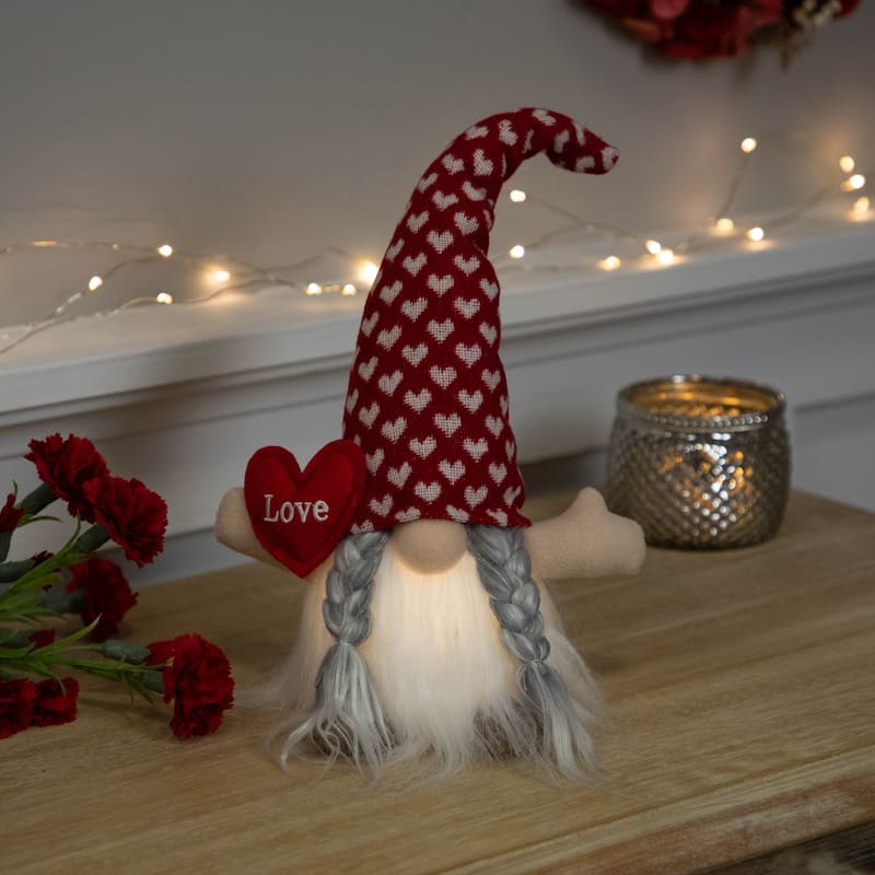 LED Lighted Girl Valentine's Day Gnome with Love Heart - 13" - Red