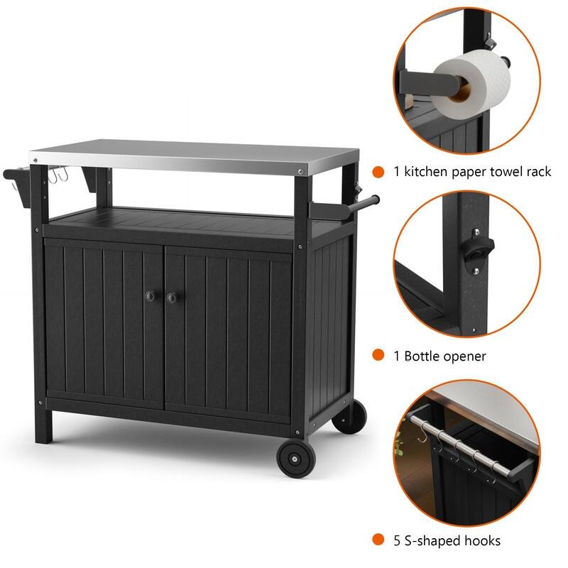HDPE Portable Outdoor Grill Cart, Waterproof BBQ Prep Table, 304 Stainless Steel Top, Camping Cart 42.12" L x 20.71" W, Black