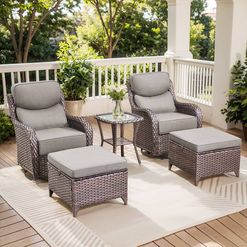 Pocassy Patio Furniture Set with Swivel Chairs, All Weather Patio Wicker - Brwon Wicker Grey Cushion - 5PCS Swivel Chair w/ Table Ottoman