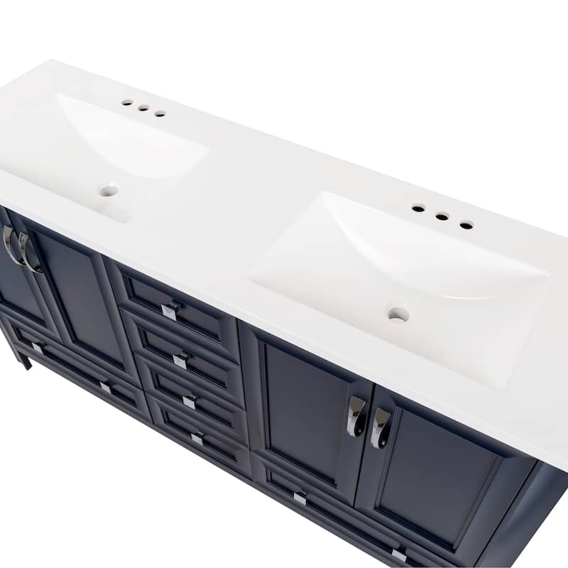 Spring Mill Cabinets Nimay 60.5" Double Bathroom Vanity With 5 Drawers, 2 Cabinets, and White Sink Top