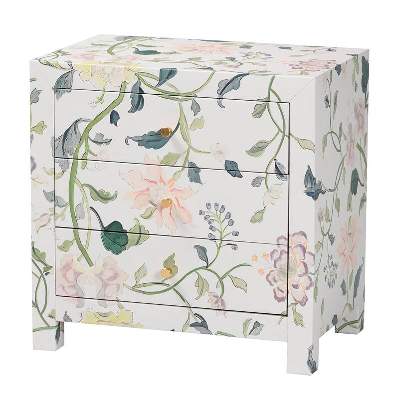 Connery Floral End Table - 3-Drawer Decorative Accent Storage Cabinet - Multicolor/White