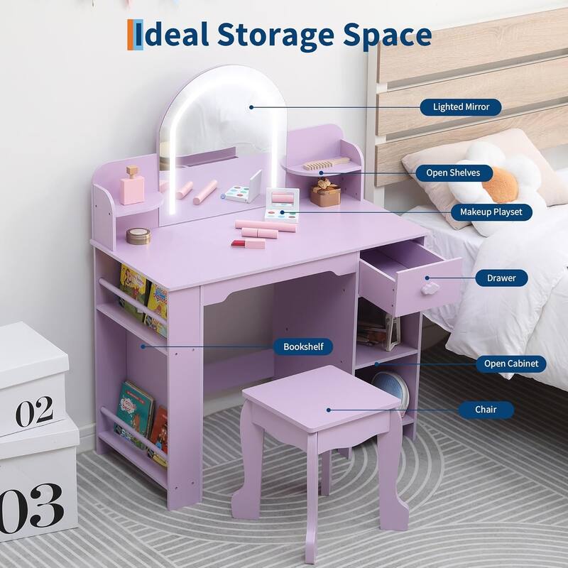 Kids Vanity Set with Lighted Mirror and Stool, 2-in-1 Makeup Tabl, for Girls Ages 3–9