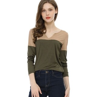 Unique Bargains Women Split V-neck Long Sleeves Color Block T-Shirt
