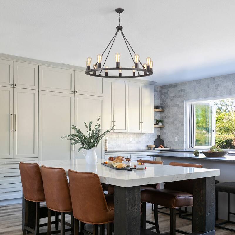35.43-inch Round Wagon Wheel Chandelier, 12-light Adjustable Chandelier for Living Room Kitchen Island Dining Foyer
