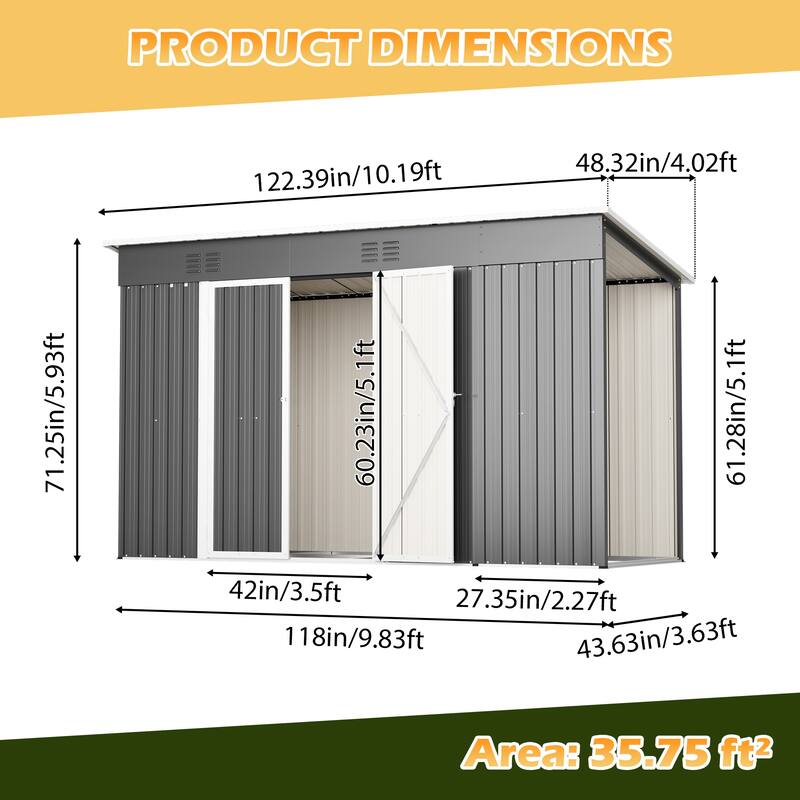 10'x4' Outdoor Steel Storage Shed with Lockable Door and Floor Frame, Metal Tool Shed Grey