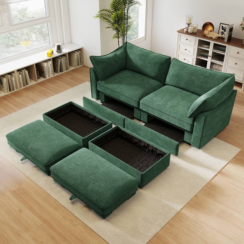 2 Seater Sofa With Footrest , 2-Seat Sofa with 2 Movable Ottoman, Pull out Storage Drawer Under Each Seat,Chenille Green - Green