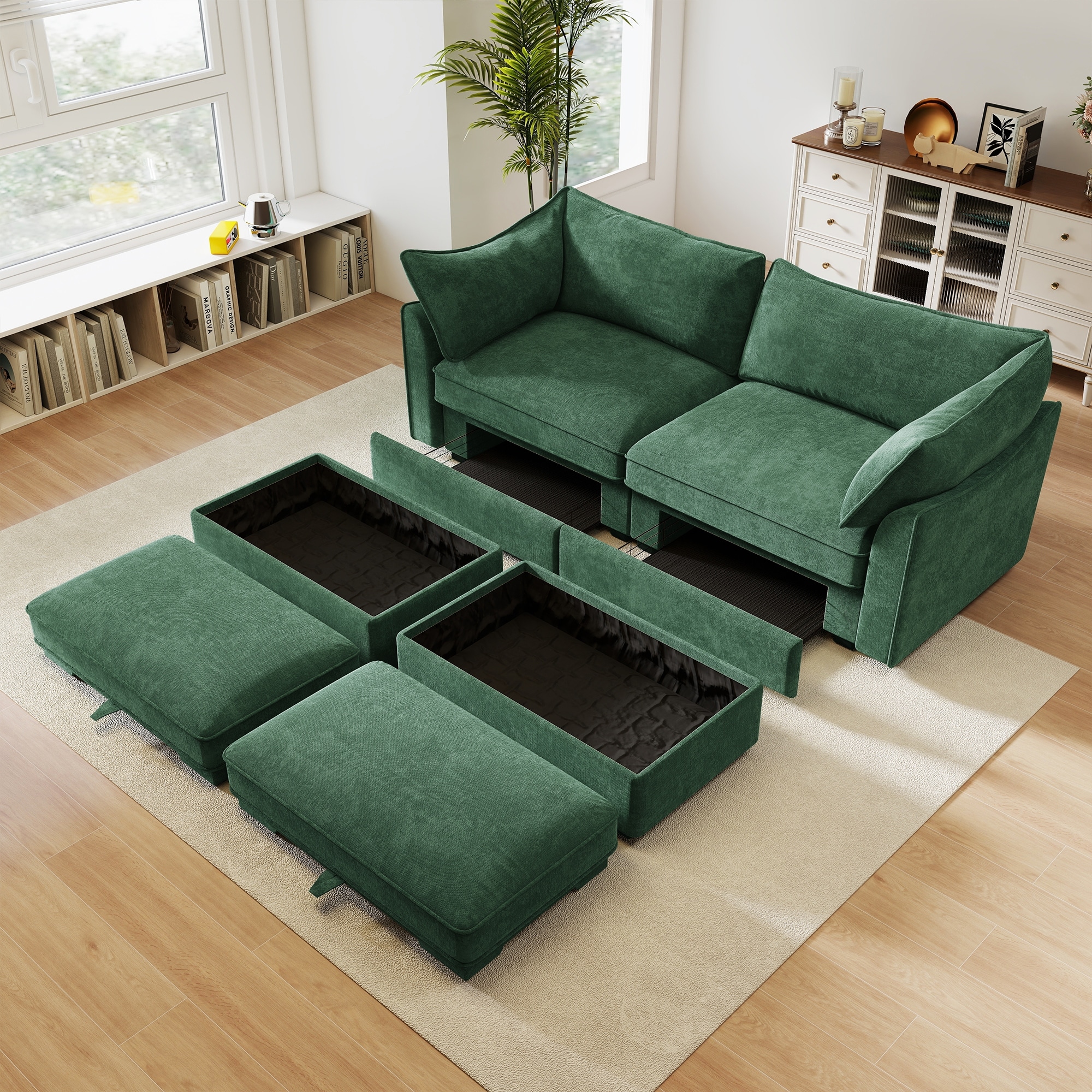 GDFStudio - Chenille 2-Seater 78.7" Sofa with 2 Ottomans