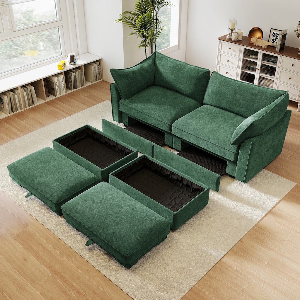 GDFStudio - Chenille 2-Seater 78.7" Sofa with 2 Ottomans