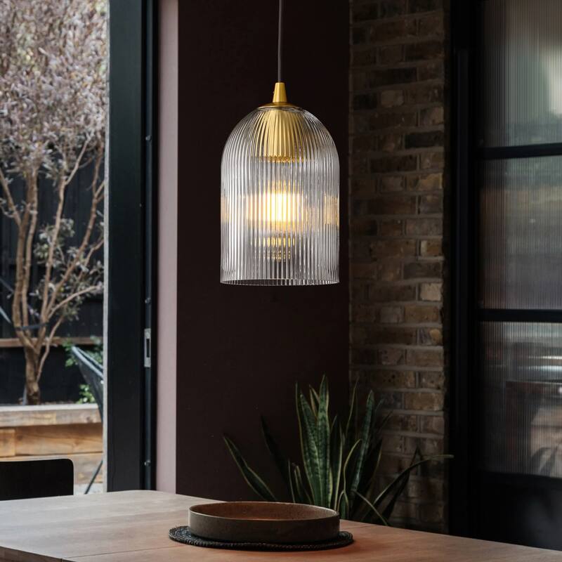 1-Light Modern Rustic Black/Gold Metal Island Pendant Light with Textured Grey/Clear Glass Bell Shade - Clear/Gold