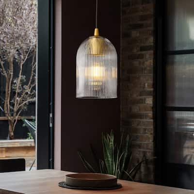 1-Light Modern Rustic Black/Gold Metal Island Pendant Light with Textured Grey/Clear Glass Bell Shade