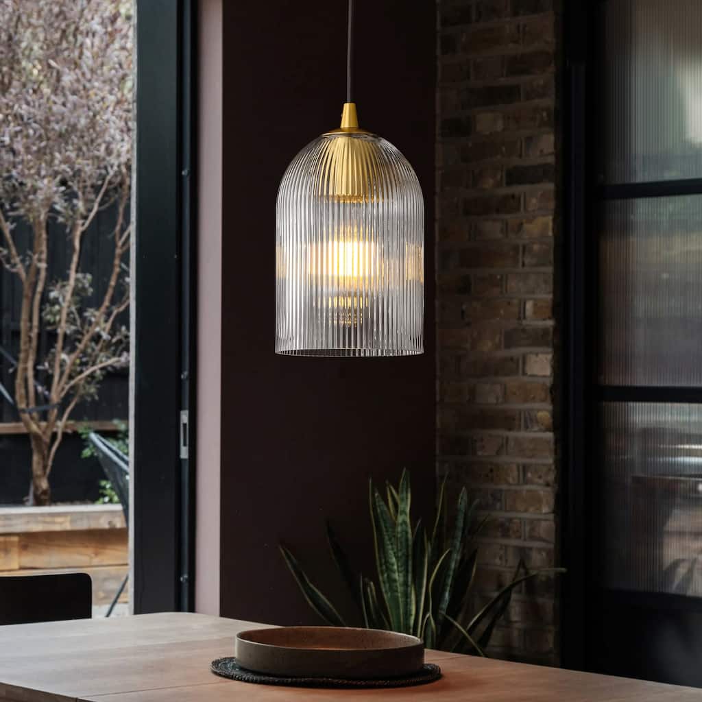1-Light Modern Rustic Black/Gold Metal Island Pendant Light with Textured Grey/Clear Glass Bell Shade