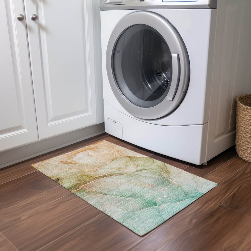 Machine Washable Indoor/ Outdoor Watercolor Chantille Rug - Teal - 1'8" x 2'6"