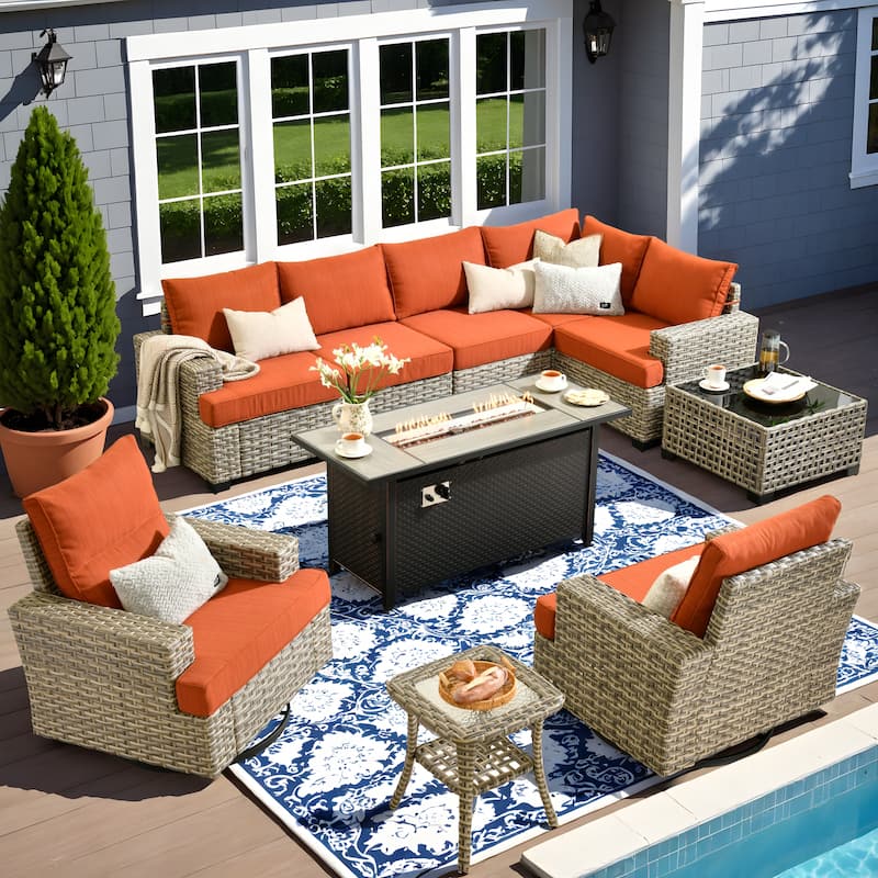 OVIOS 10 Pieces T shaped Seat Wide Armrest Swivel Chair Set With Solar-Powered Table&Fire Pit - Orange/Red