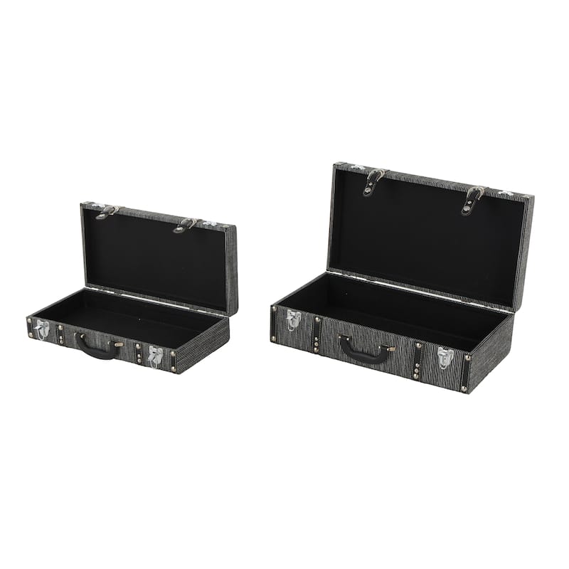 Black Fabric Woven Storage Decorative Trunk with Silver Latches and Buckles (Set of 2)