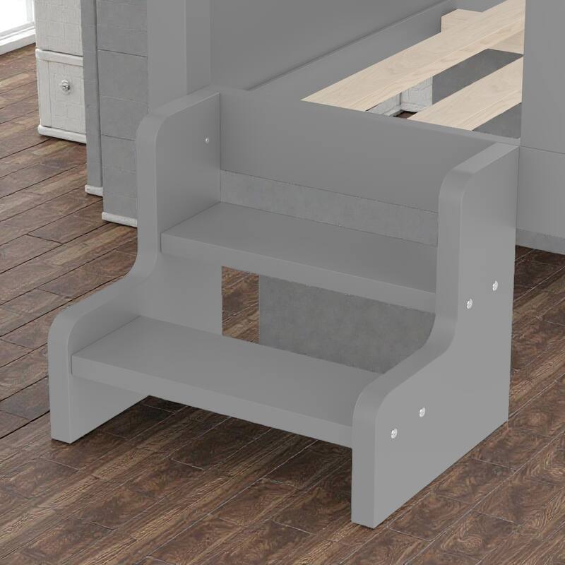 Kids House Platform Bed with Stairs, Star Roof, Window, Bookcase & Blackboard, Solid Wood Low Profile Bed No Box Spring