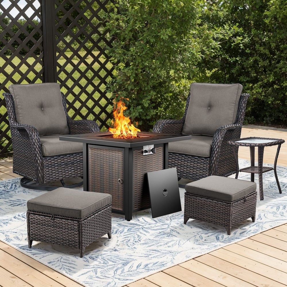 Gymojoy 6-Piece Fire Pit Set with Swivel Chairs, Ottomans & Side Table for Patio, Backyard, Deck