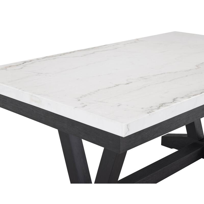 1pc Transitional Modern Formal Dining Table White Genuine Marble Rectangular Table Top Trestle Base Black Finish Legs Wo