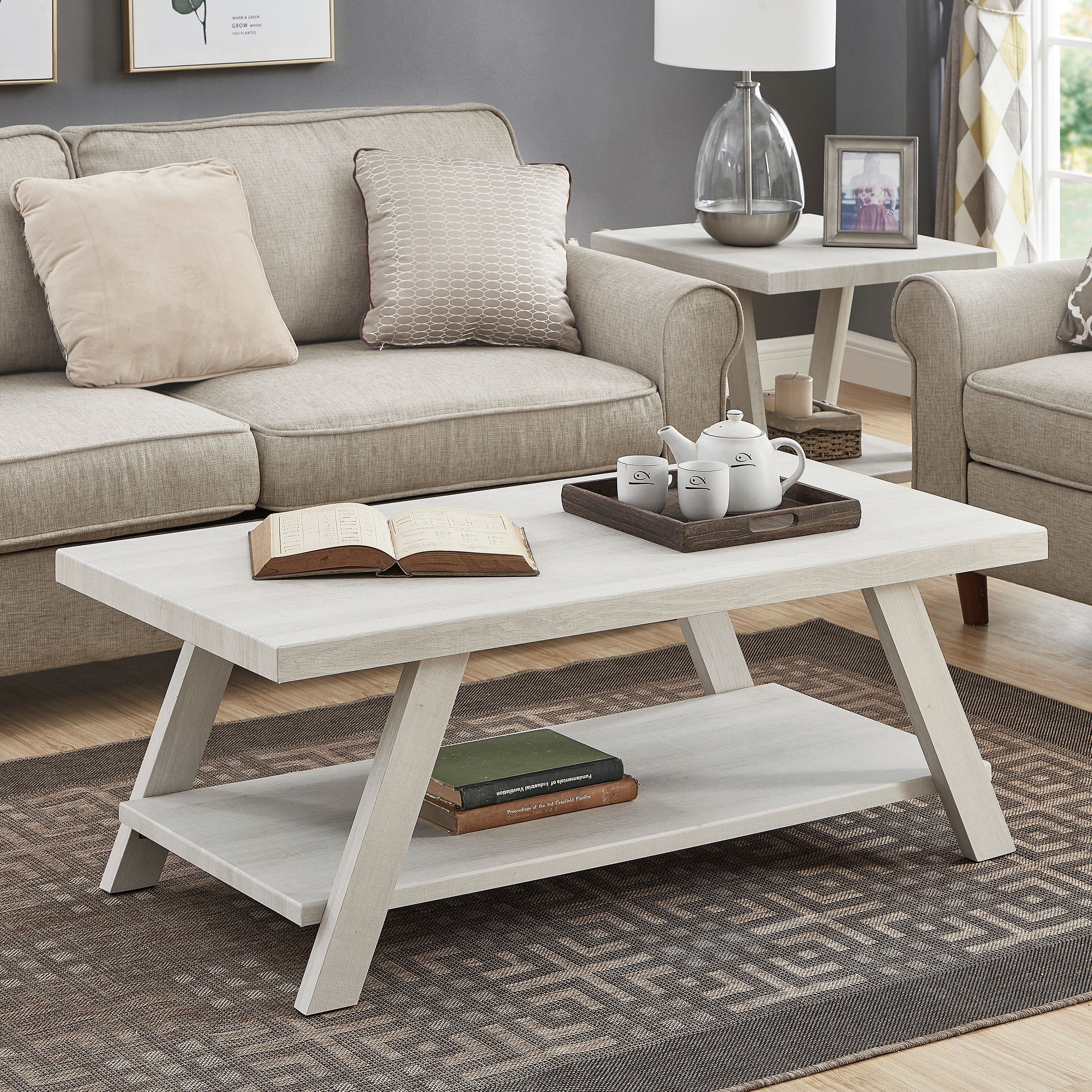 Modern Wood Shelf Coffee Table Stylish Coffee Table with Storage and Wide Angle Legs, for Living Room, White