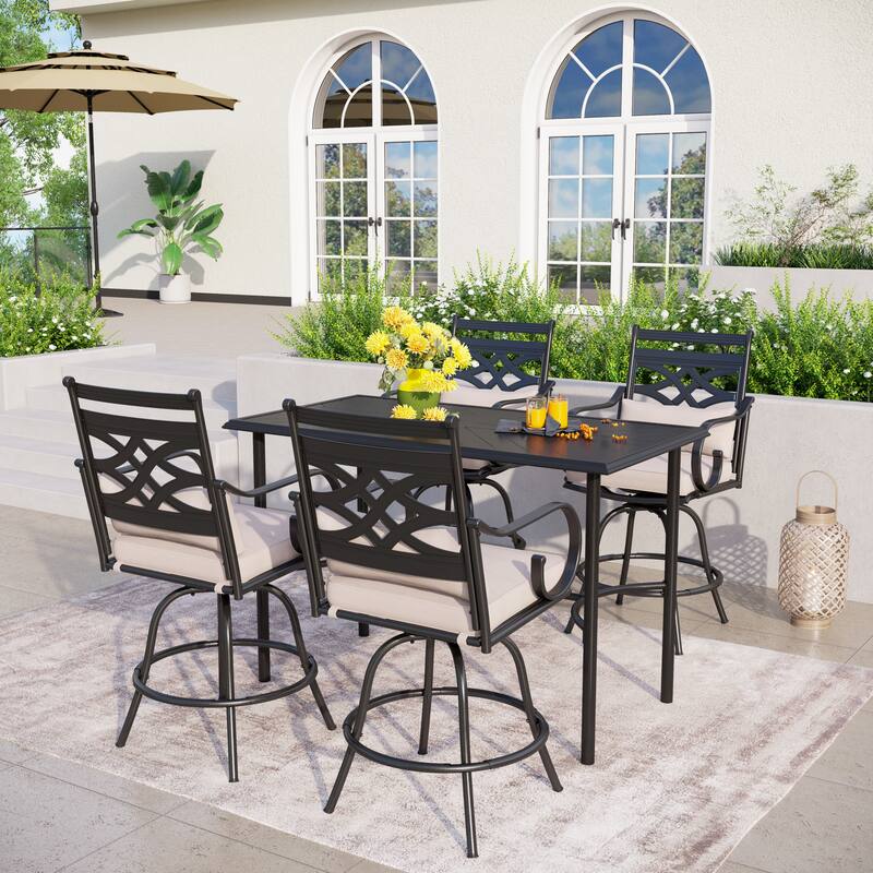 5-Piece Dining Bar Set, 4 Metal Swivel Bar Chairs and 1 Rectangular Metal Bar Height Table - Beige/Black